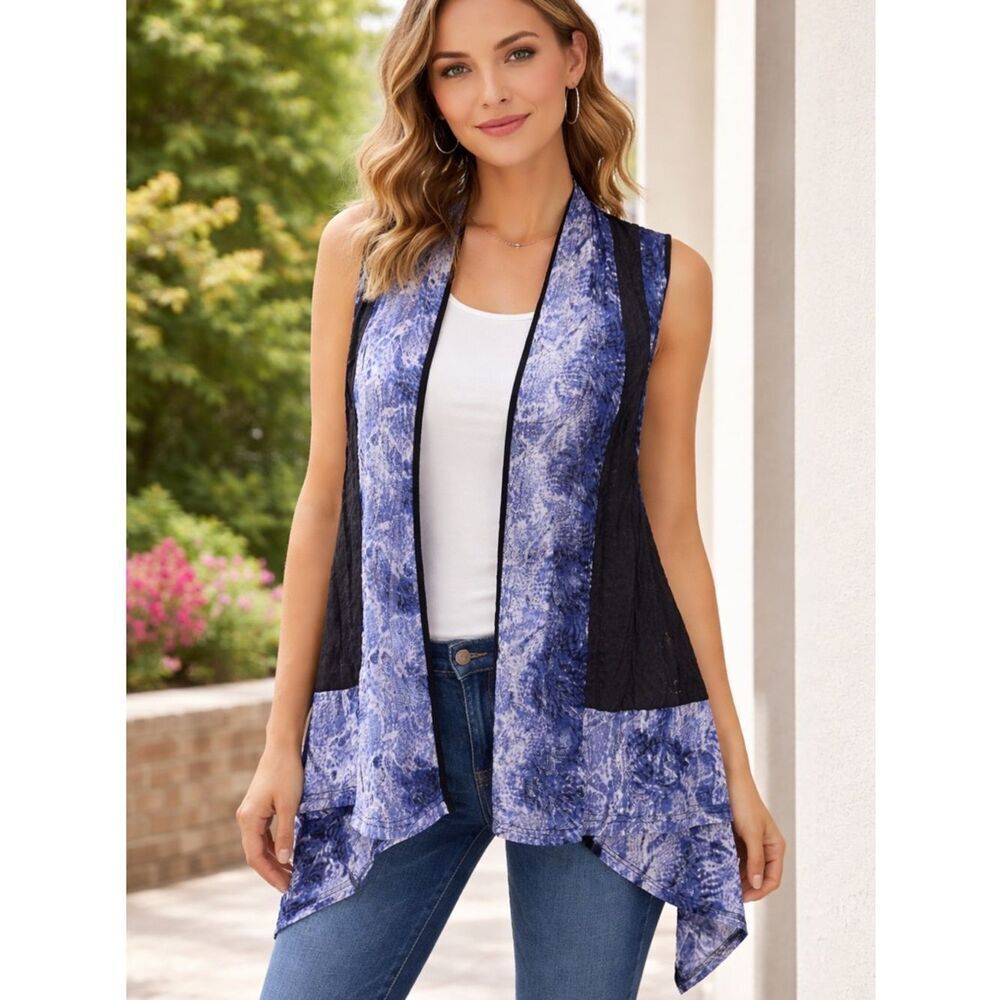 Alberto Makali Blue and Black Boho Chic Printed Open Vest